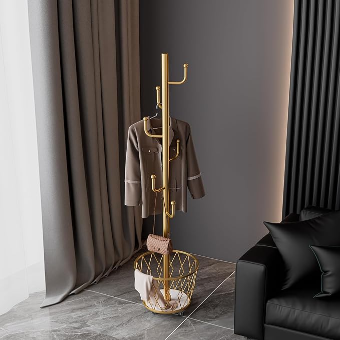 SYO Portable single-pole coat rack with 6 hooks and storage basket; floor-standing coat rack for bedroom and hallway; casters for easy movement; modern minimalist design.