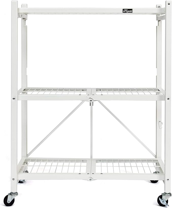 Origami R3 3-Tier Foldable Garage Shelving Heavy Duty Shelving Holds 750 pounds, Garage Storage Rack, Pre-Assembled Utility Rolling Shelf with Wheels | 29" W x 13" D x 35.5" H (White, R3)