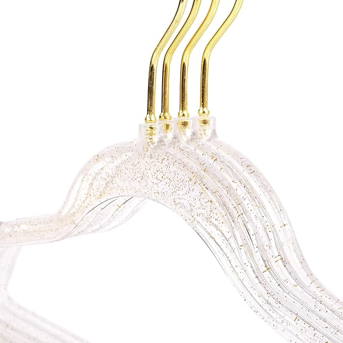 20-Pack Kids Glitter Clothes Hangers – Sparkly Non-Slip 12.5in (32cm) Slim Hangers for Nursery Closet Organization, Gold Glitter with Matching Hook