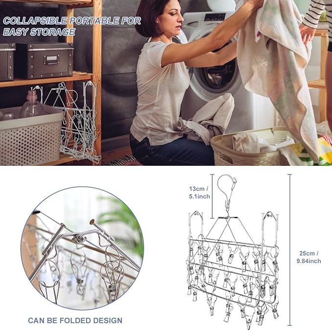Fayleeko Drying Rack, 52 Clips Stainless Steel Laundry Drying Rack Folding Sock, Underwear, Clothes Hangers for Drying Towels, Bras, Lingerie, Baby Clothes