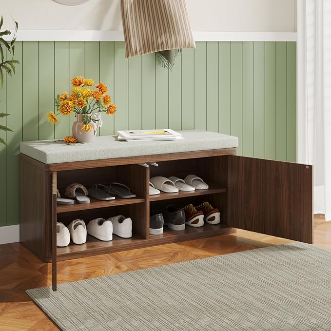 Double Layered Shoe Cabinet with Bench,Wooden Shoe Bench with Soft Cushion,Double Door without Handle Pressing Spring,Fluted Panel,Suitable for Entrance,Corridor and Living Room (Shoe Bench-Walnut)