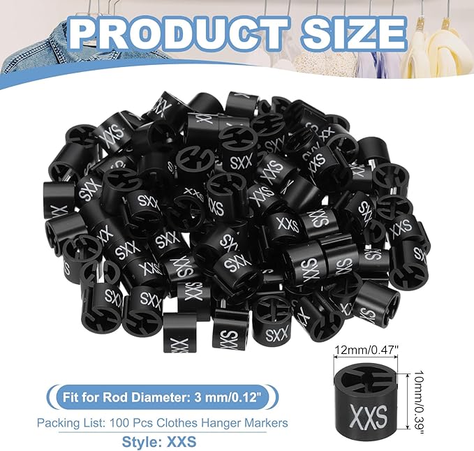 PATIKIL 100 Pcs Clothes Hanger Markers, XXS Size Tags Fit 3mm Rod Garment Size Hanger Clips Color Coding Label for Clothing Hangers, Black