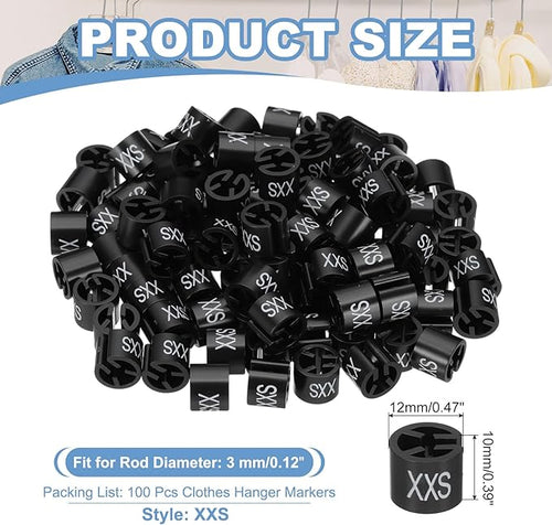 PATIKIL 100 Pcs Clothes Hanger Markers, XXS Size Tags Fit 3mm Rod Garment Size Hanger Clips Color Coding Label for Clothing Hangers, Black