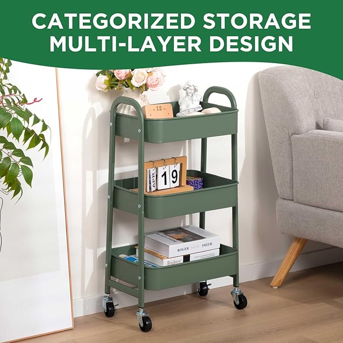 AGTEK 3 Tier Utility Rolling Cart with Lockable Wheels, Metal Multifunctional Storage, Organizer Cart for Kitchen, Office, Living Room, Makeup, Craft, Art Studio, Olive Green