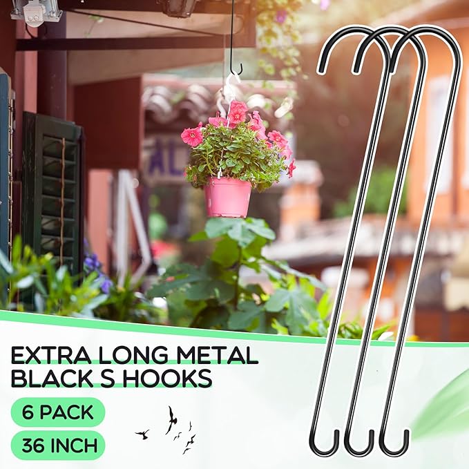 6 Pack 36 Inch Extra Long S Hooks for Hanging Plants, Heavy Duty Metal Tree Branch Hangers for Bird Feeders Flower Baskets Lanterns Black Vinyl Coated Garden Extension Hooks