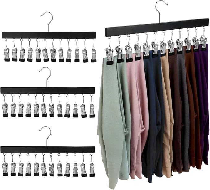 Legging Organizer for Closet 4 Pack, Pants Leggings Hangers with 12 Clips, Holds 48 Pants, Jeans, Hats, Shorts, Socks, 360° Rotating Space Saving Hanging Clothes Organizer for Closet Storage