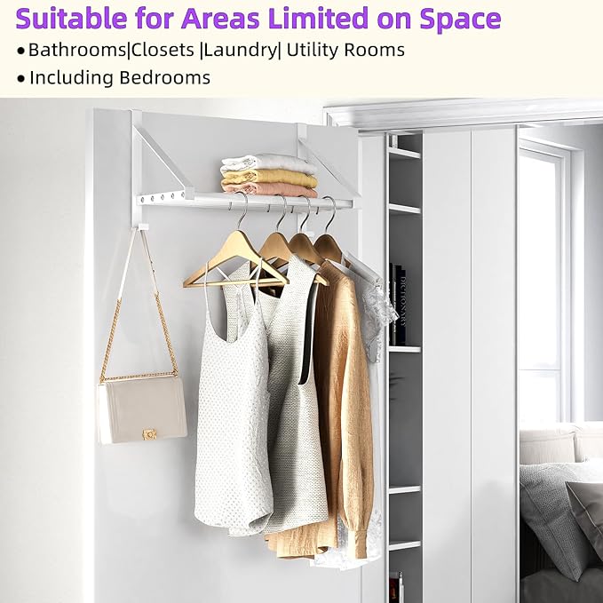 Over The Door Clothes Hanger with 2 Hooks, Stainless Steel Over The Door Hangers for Clothes with Storage Rack, Clothing Hanger Drying Racks for Laundry, Washroom, Fits Door Up to 1.77", White