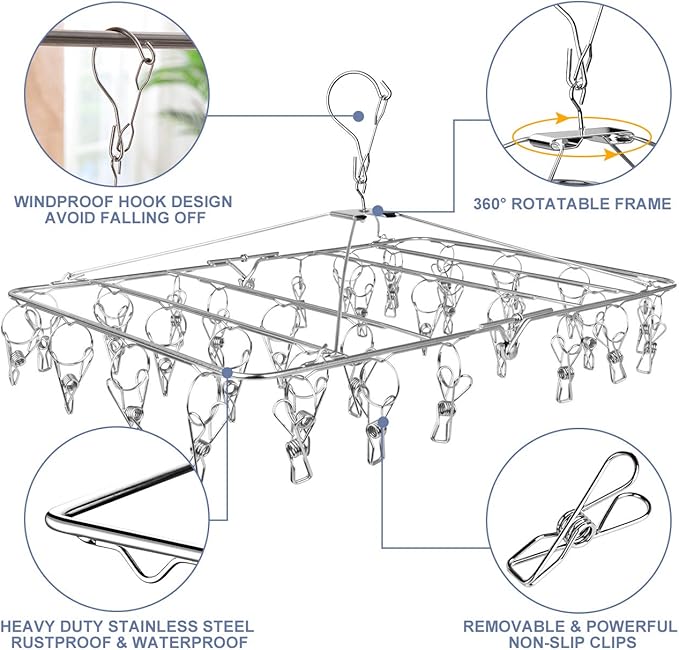 Fayleeko Drying Rack, 52 Clips Stainless Steel Laundry Drying Rack Folding Sock, Underwear, Clothes Hangers for Drying Towels, Bras, Lingerie, Baby Clothes
