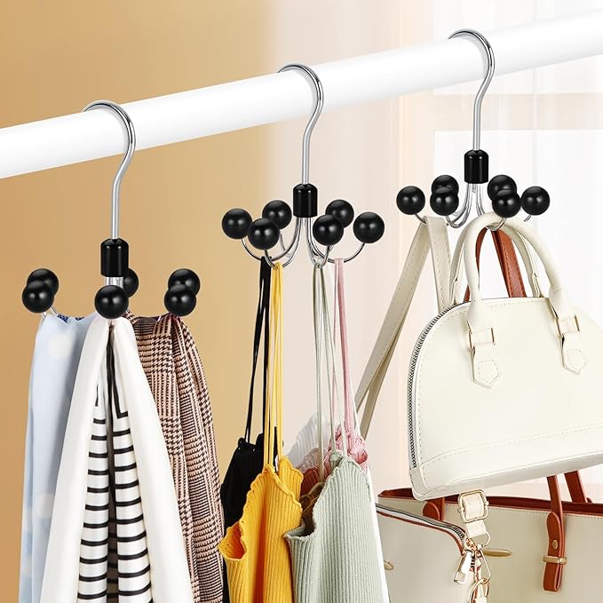 TOPIA HANGER Hoodie Hangers with 6 Wood Balls, 360°Swivel Purse Hanger, Scarf Hanger, Closet Hooks, Handbag Organizer, Bra Hanger, Accessory Organizers for Scarf, Tanktop, Hat, Hoodie CT56B