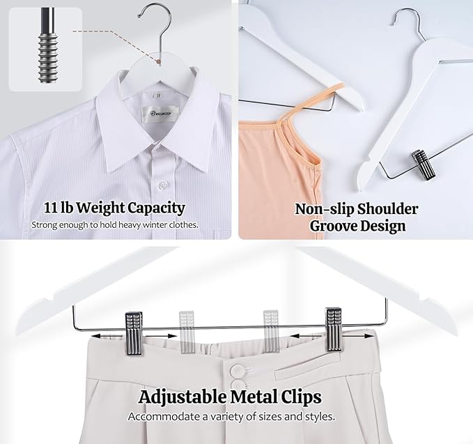White Wooden Skirt Hangers with Clips 16Pack, Wooden Coat & Pants Hangers with Adjustable Metal Clips for Slacks, Jeans, Shorts, Jacket, Blouse, Clothes & Suit