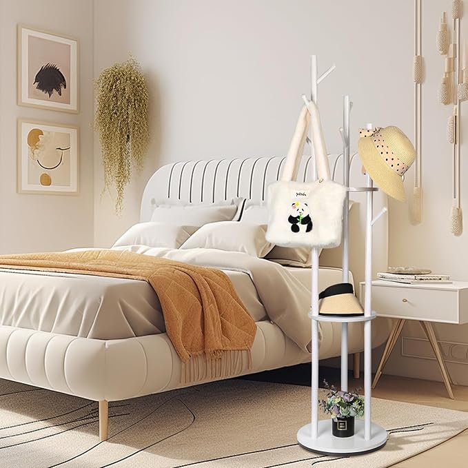 Wood Coat Rack with 3 Shelves and 9 Hooks, Freestanding Rotary Coat Tree for Entryway, Bedroom, Living Room, Hallway – Holds Jackets, Coats, Hats, Bags (White)