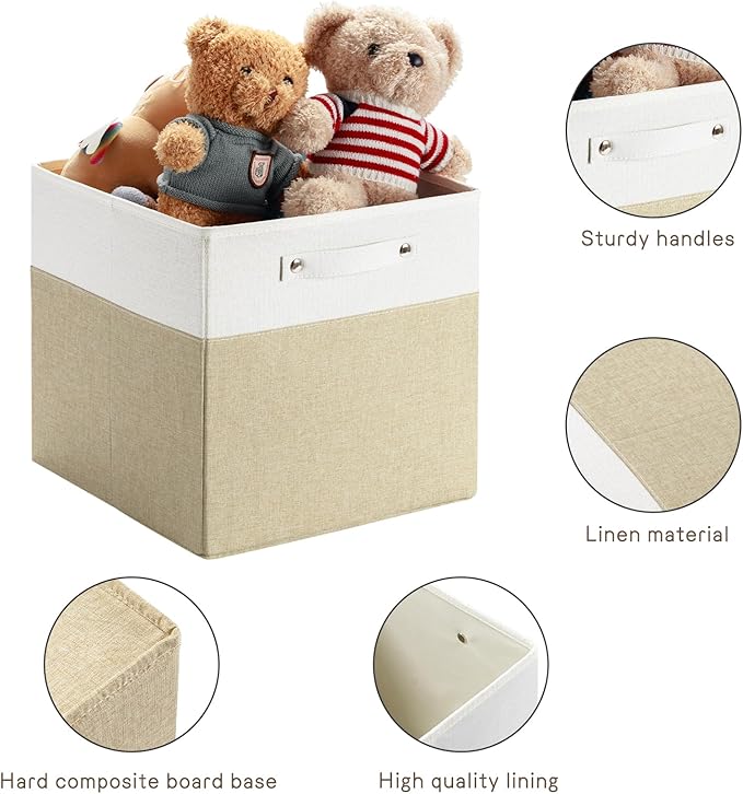 13 x 13 Inch Fine Linen Storage Bins with Handles，Fabric Cube Boxs，Basket Organizers for Shelves for Home, Closet Drawers (White/Khaki-6 Pack)
