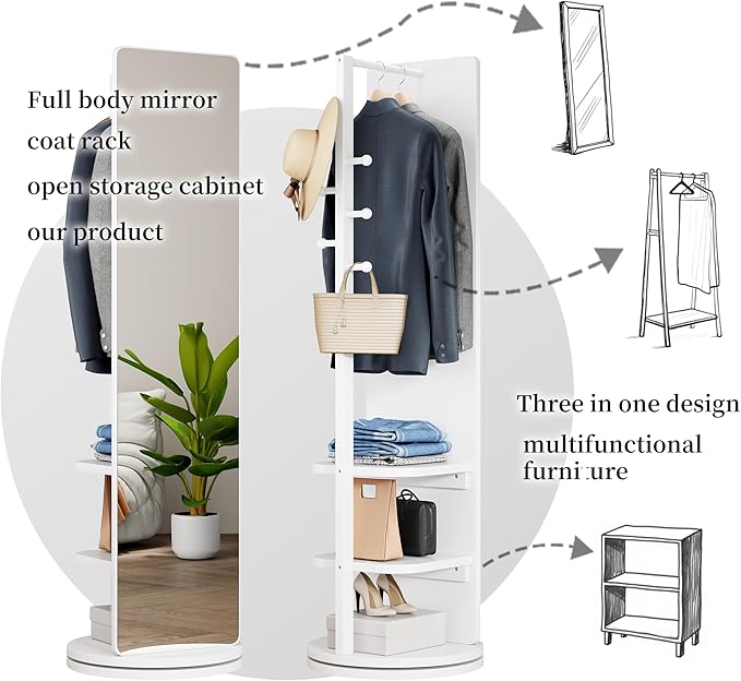 CHANCEE 360° Rotating Mirror Coat Rack, Solid Wood Standing Mirror with Storage Hooks and Shelves, Space-Saving Multifunctional Organizer for Bedroom, Living Room, or Cloakroom (White)