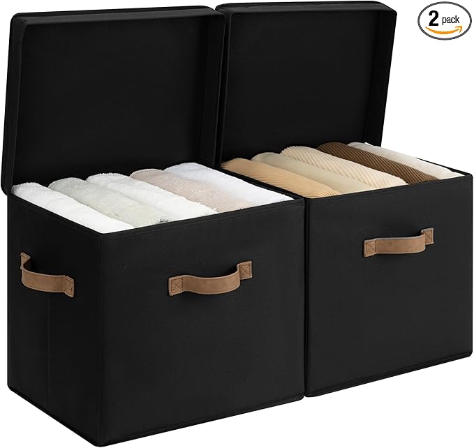 StorageWorks Fabric Storage Bins with Lid, Decorative Storage Boxes for Shelves, Stackable Closet Organizer Basket with Handles, Large, Black, 2-Pack
