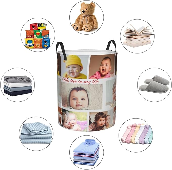 Custom Laundry Basket,Personalized Laundry Hamper With Photo Name Text,Customized Dirty Clothes Storage With Handle,Collapsible Storage Basket For Bathroom Living Room Bedroom