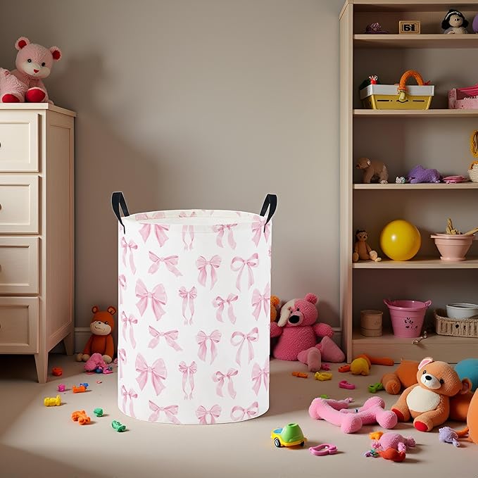 Baby Laundry Basket Baby Nursery Hamper Kids Laundry Basket Toy Storage Bin for Boys Room Decor Gift Baskets for Bedroom Bathroom(Pink Bowknot)