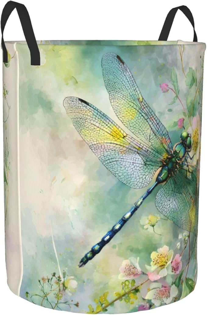 Dragonfly Floral Pattern Laundry Hamper, Collapsible Storage Basket with Handles for Clothes, Bedroom, Bathroom 19.6 x15.7 Inch