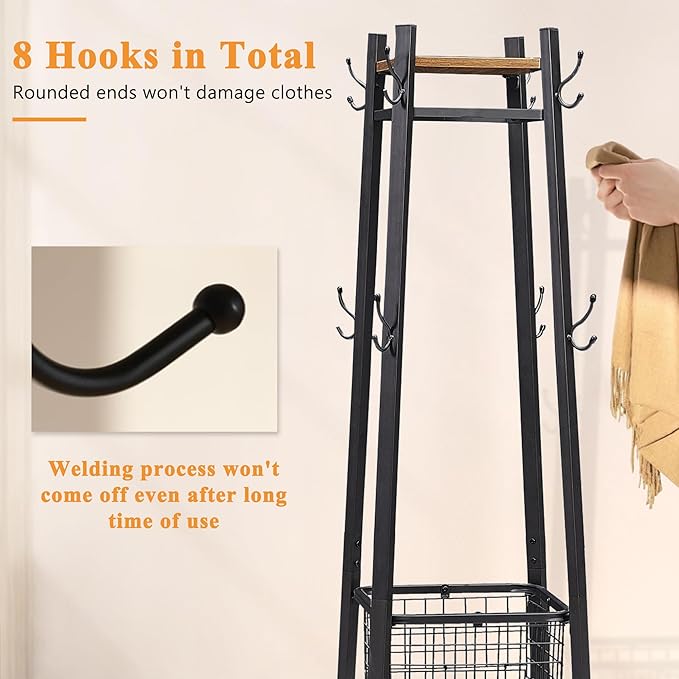 VECELO Coat Rack Freestanding,Hall Tree with Metal Basket and Storage Shelves,Industrial Coat Stand with 8 Hooks for Hanging Coats/Hats/Bags/Umbrellas,18 x 18 x 72 In,Antique Brown