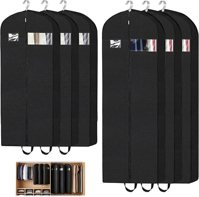 6-Pack Garment Bags for Storage & Travel - 60" & 43" Hanging Clothes Bags with 4" Gusset, Clear Window, Handle & ID Holder | Suit, Dress, Coat Covers for Closet Organization