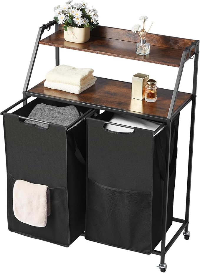 VEVOR 2 Tiers Laundry Sorter, Tall Laundry Hamper with Metal Frame and Wooden Tabletop, 2 Section Rolling Basket Organizer Storage with Ladder Shelves and 600D Oxford Cloth Bags for Dirty Clothes