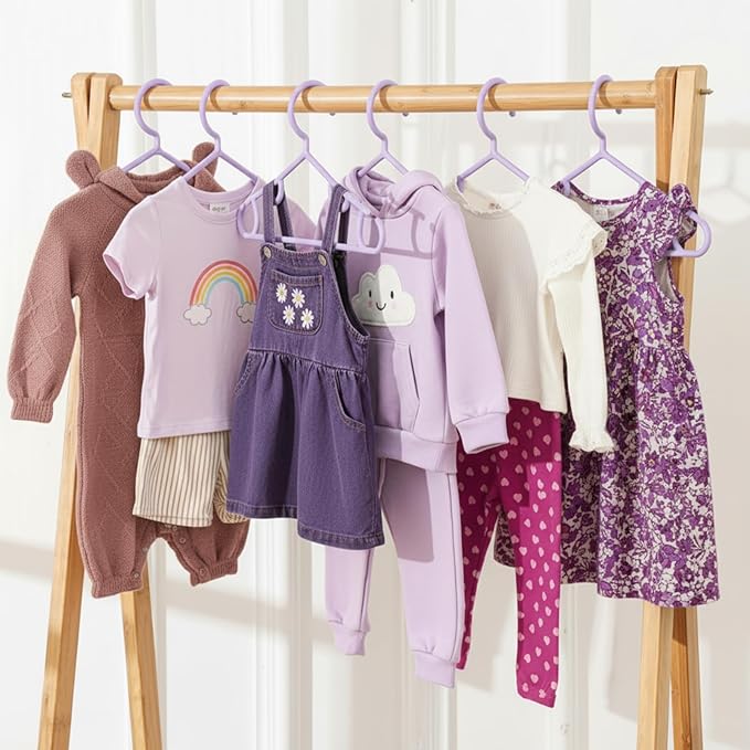 Hsei 60 Pack Pastel Color Kids Nursery Hangers Plastic Baby Hangers Heavy Duty Toddler Hanger for Pants, Coat, Skirts, Closet, Nursery Decor(Purple)
