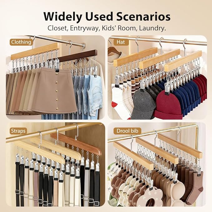 Legging Hangers for Closet, 2026 New Closet Organizer with Clips, 360° Rotating Space Saving Hanging Closet Organizer for Leggings Socks Hats Jeans (Wood-10 Clips, 2PCS)