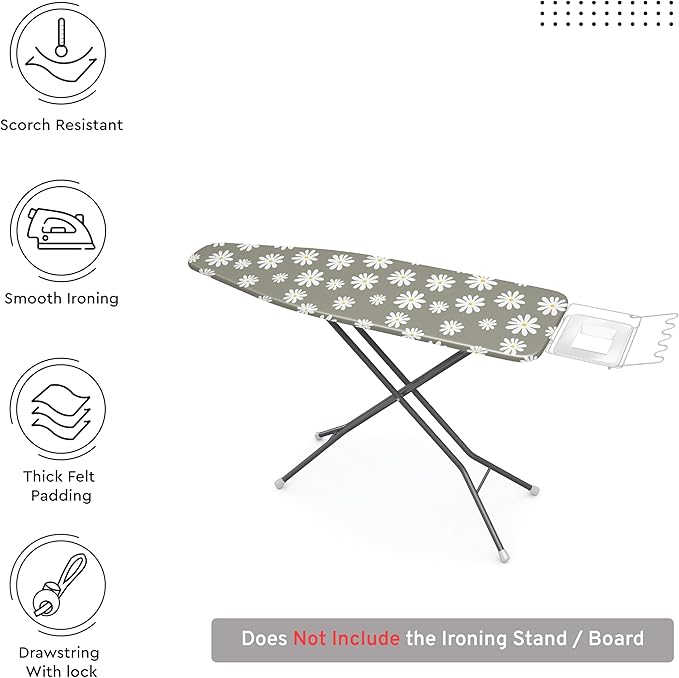 Encasa XO Ironing Board Cover and Pad 54"x18" - Thick 3mm Felt Padding, Drawstring Tightening & Lock, Easy Fit, Scorch & Stain Resistant, Fits X-Large Ironing Board - Daisy Grey