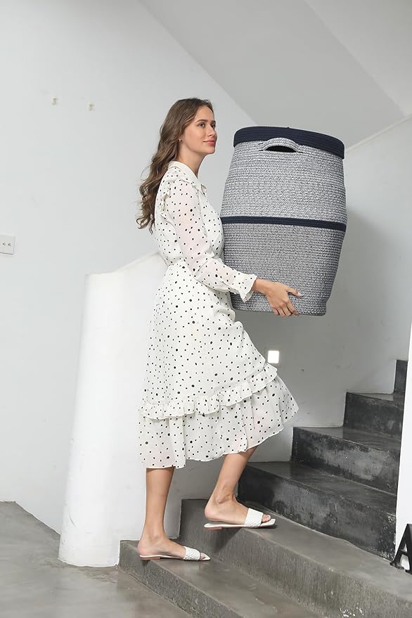 26" x 20" Handcrafted Tall Cotton Rope Basket with Lid, Stylish Flagon Shape with Cover, Clothes Hamper with Top, for Bedroom and Living Room, Two Sides Dark Blue Mix