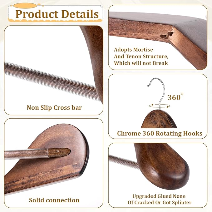 Wooden Suit Hangers 10 Pack Wide Shoulder Wooden Suit Coat Hangers with Non Slip Pants Bar Premium Wood Hanger with 360 Degree Swivel Hooks for Sweater, Pants, Heavy Clothes, Walnut