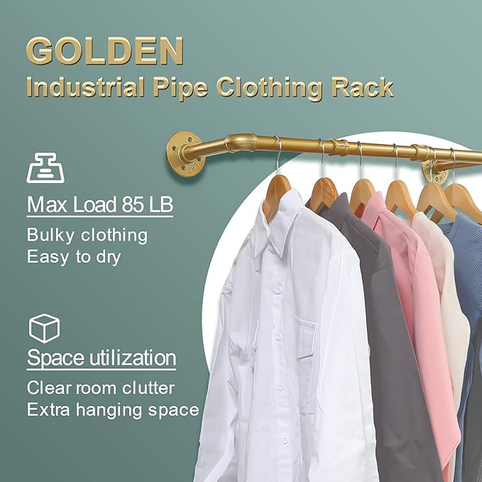 Industrial Gold Pipe Clothing Rack, Wall Ceiling Mounted Clothes Garment Rack 30'', Iron Golden Pipe Clothes Hanging Bar, Heavy Duty Metal Rod for Retail Display Closet Storage