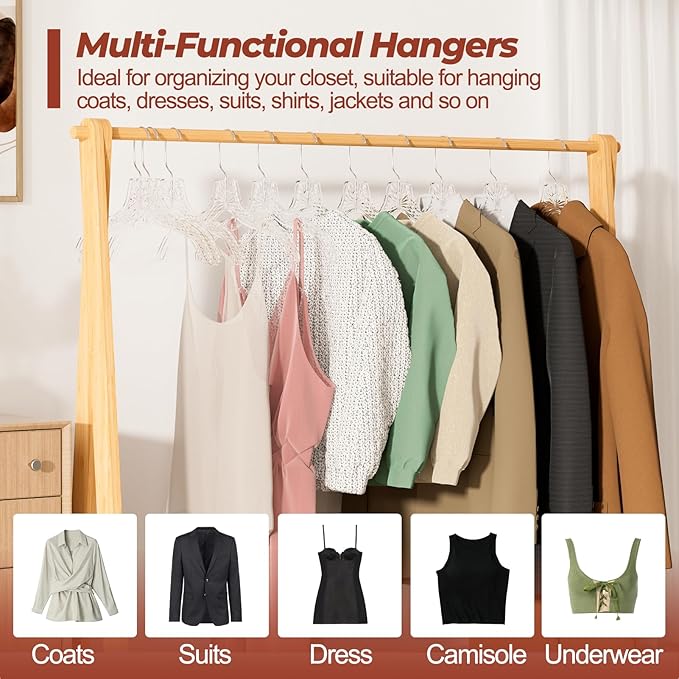 Clear Plastic Hangers 50 Pack, Durable Crystal Heavy Duty Clothes Hangers with Non-Slip Notches & 360° Swivel Hook, Space Saving, Ideal for Coats, Suits, Dresses, Shirts