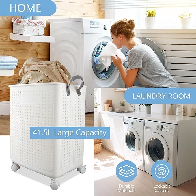 42L Large Heavy Duty Laundry Hamper On Wheels and Handle, Foldable Collapsible Laundry Basket, Space Saving Laundry Room Organization With Lid For Home Storage, Clothes (White)