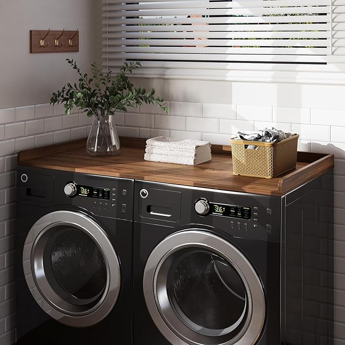 Washer Dryer Countertop, 27.5" x 54“ Wood Washer and Dryer Countertop with Edge Rails for Laundry Room Organization and Storage, Dark Walnut
