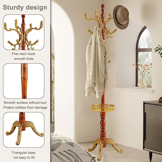 Wooden coat rack stand, Heavy duty coat racks tree freestanding with 11 Hooks and storage basket, Coat tree for jacket, Hats, Bags, Purses, clothes (Triangular base-Begonia 1)