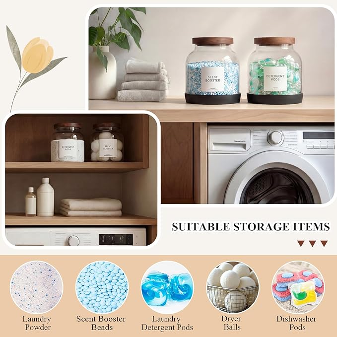 Zhehao 2 Pack Glass Laundry Pods Container with 30 Labels, Scoops, Non Slip Base, Wood Lid, Half Gallon Laundry Detergent Container Powder Containers Canisters Set Laundries Room Organization Jars