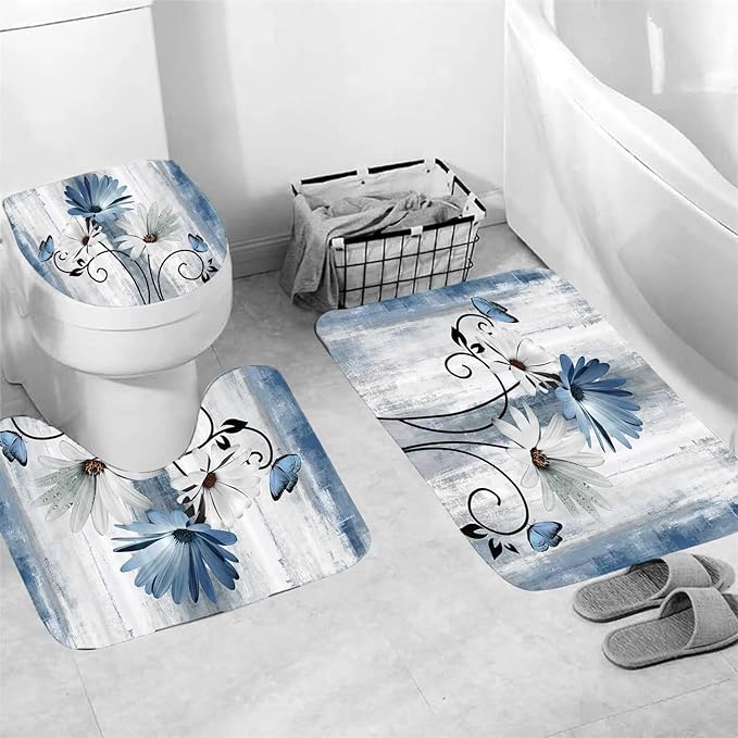 4PCS Rustic Blue Flower Farmhouse Shower Curtain Set,Waterproof Blue Daisy Floral Bathroom Decor Accessory Set