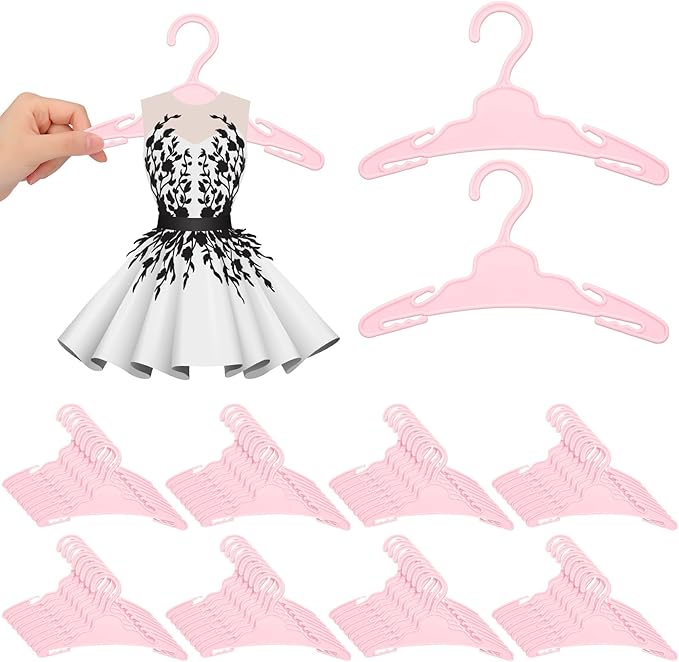 Soulchen 100 Pcs Doll Clothes Hangers for 18 Inch Dolls, Plastic Clothes Hangers with Non-Slip Clips, Space-Saving Wardrobe Accessories for Gown Dress Outfit (Pink)