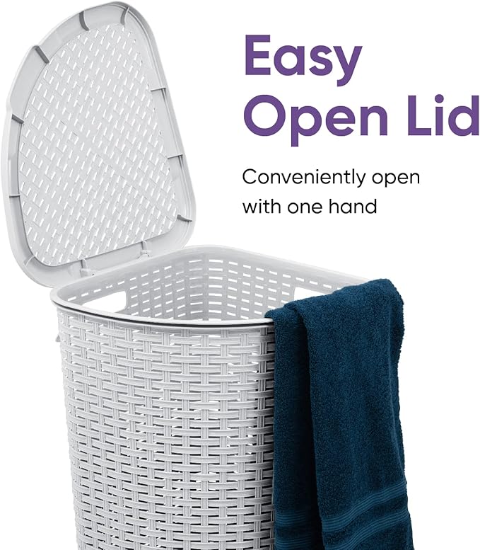 Plastic Corner Laundry Hamper with Lid, Curved Designed Laundry Basket, 2 Pack White Smoke Cloths Hamper Organizer with Cut-out Handles for Laundry Room Bedroom Bathroom, Wicker Design, 50 Liter