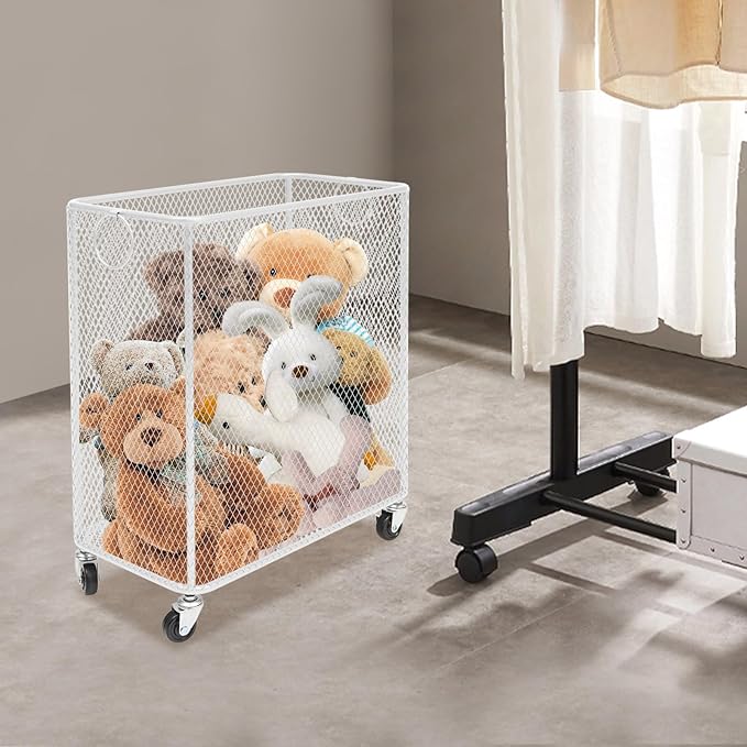 Wire Metal Rolling Laundry Basket On Wheels,Mesh Wire Laundry Basket Storage Cart for Bathroom Bedroom Dirty Clothes Storage (H)