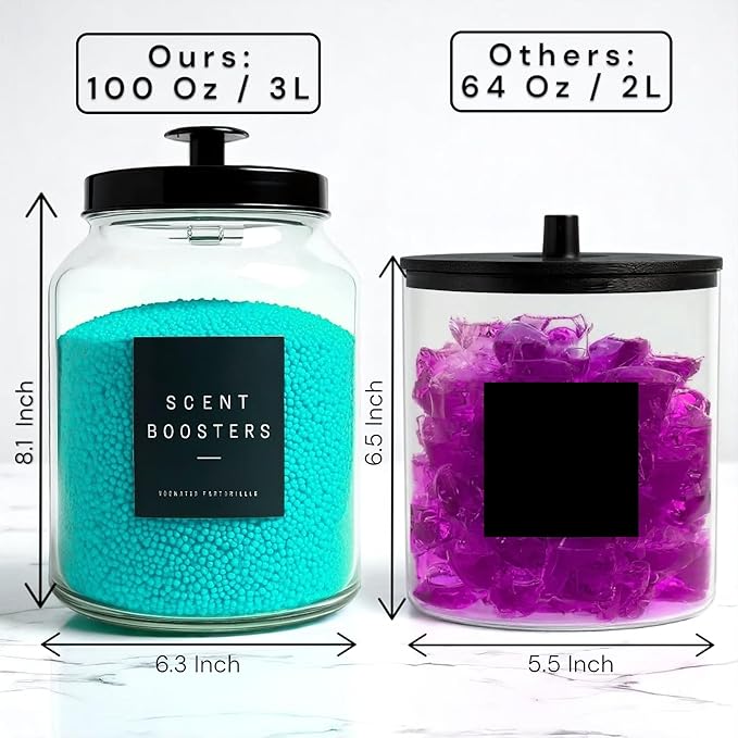 Glass Laundry Room Organization and Storage Set with Containers for Laundry Pods, Dryer Balls, Fabric Softener, Scent Booster Acrylic Dryer Sheet Holder 2 Large Glass Jars Labels and Scoops (3)