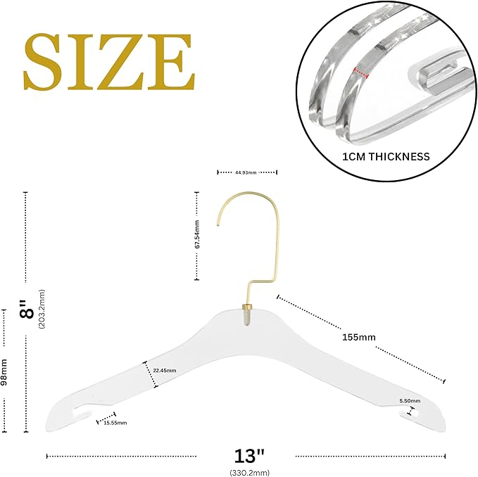 HomeCube USA Clear Acrylic Clothes Hangers with Gold Hooks – Heavy Duty Lucite Design, Elegant & Sturdy for Sweaters, Suits, Jackets, Shirts, Dresses & Boutique Use (10, Small 13")
