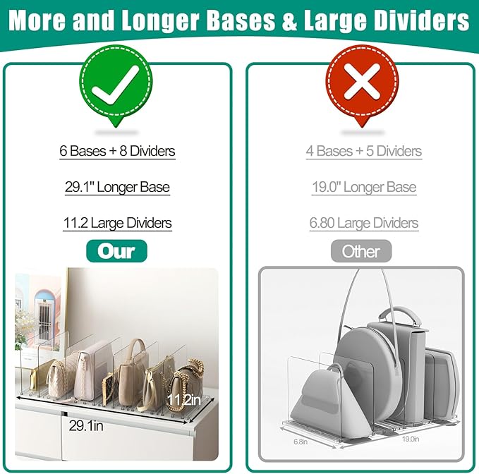 Purse Organizer for Closet, 6 Pack Adjustable Purse Holder for Closet, Plastic Shelf Dividers for Organization, Clear Handbag Clutch Bag Book Storage Organizer in Bedroom, Office