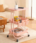 3 Tier Rolling Cart Pink Utility Cart with Table Top Multi-Functional Storage Trolley for Office, Living Room, Kitchen, Movable Storage Organizer on Wheels with Hanging Cups