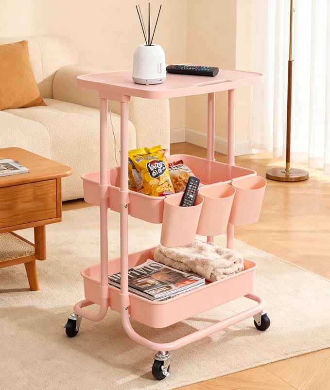 3 Tier Rolling Cart Pink Utility Cart with Table Top Multi-Functional Storage Trolley for Office, Living Room, Kitchen, Movable Storage Organizer on Wheels with Hanging Cups