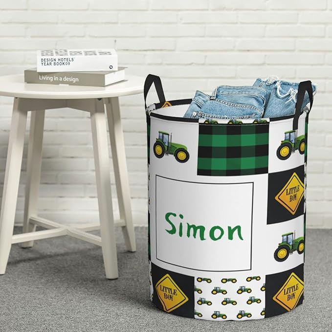 Green Tractor Personalized Laundry Basket Name Clothes Hamper with Handles Waterproof Laundry Storage Baskets for Bedroom Bathroom Decor.