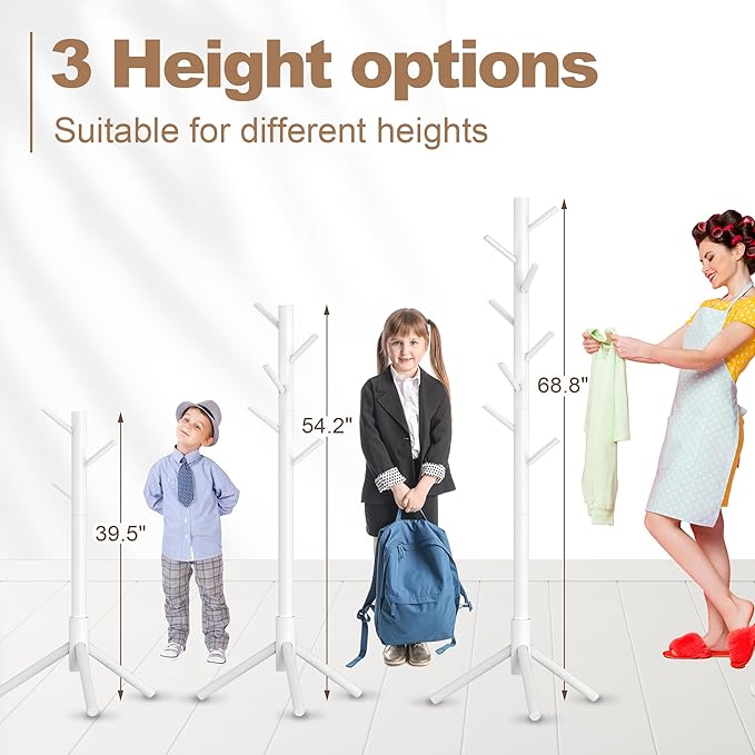 Wooden Coat Rack Stand, Freestanding Coat Rack with 8 Hooks, 3 Adjustable Size Coat Tree for Hats, Coats, Scarves bags, Coat Hanger Stand Used in Bedroom/Office/Entryway, 2 PCS (White)