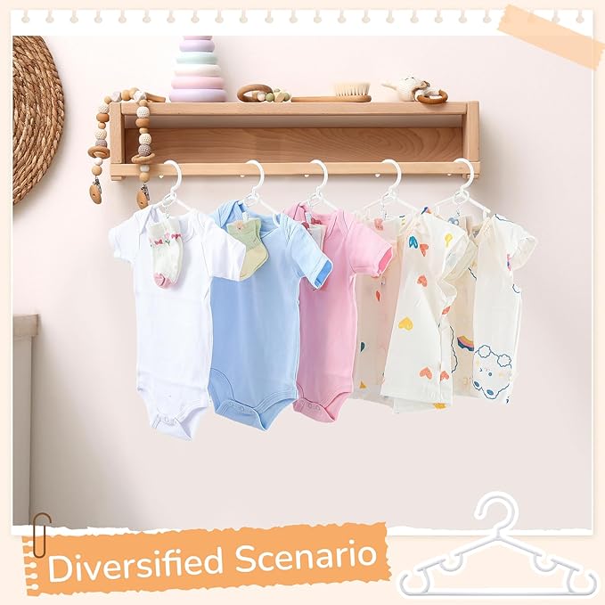 Hsei 30 Packs Nursery Baby Hangers with Ring Clips, Toddler Hangers, Kids Plastic Clothes Hanger for Infant Children Pants Closet Coat Skirts Socks(White)