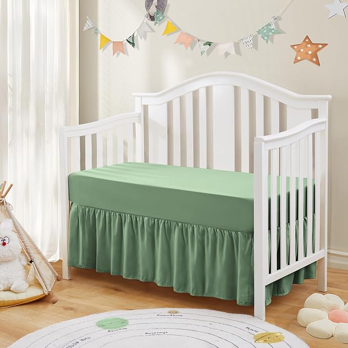 SiinvdaBZX 2-Piece Set Ruffled Crib Skirt & Soft Microfiber Fitted Crib Sheet, 52"x28" + Adjustable Elastic 14" Drop, Fit for Baby Standard Crib & Nursery Toddler Bedding (Sage Green)