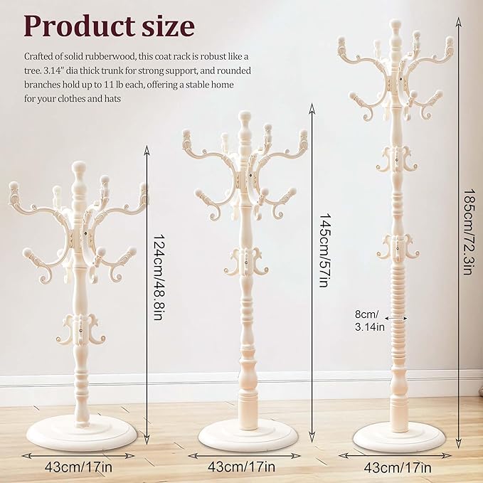 73" Wooden Coat Rack Freestanding, Coat Rack Stand With 18 Hooks And Round Solid Wood Base，Adjustable Height, Easy To Assemble For Entrance Hallway Office Living Room Bedroom (Retro White, 1 PCS)