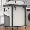190L (50 Gal) Large Fashion Laundry Basket with Wheels, Leather Patchwork Rolling Hamper Carts, Sturdy Metal Frame, Removable Washable Bag, Tall Clothes Sorter for Bedroom, Laundry Room - Beige